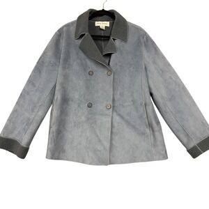 Rena Rowan Jacket Womens XL Blue Faux Suede Fleece Lined Peacoat Double Breasted